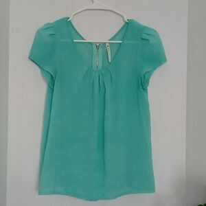 Point  turquoise Woman's short sleve blouse style TS330 Sz M Back Zipper